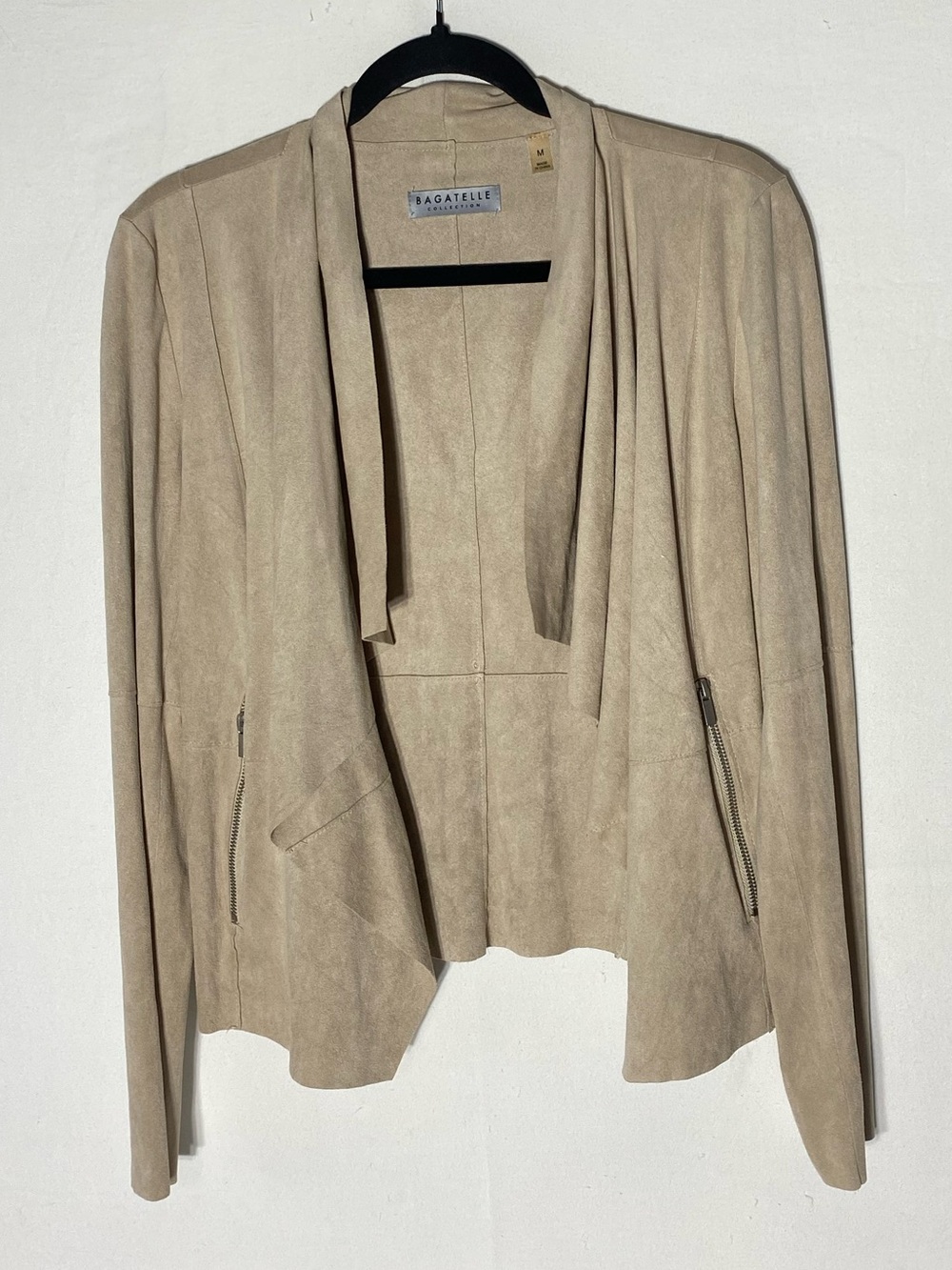 Bagatelle Tan Taupe Faux Suede Drape Front Open Jacket M Boho Y2K - Picture 15 of 15
